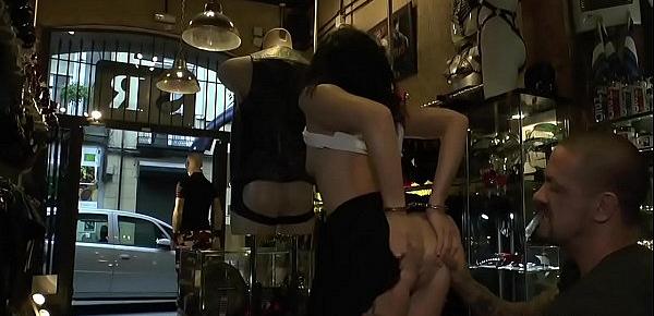  Small tits slave banged in public shop